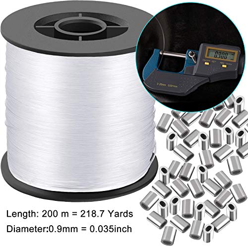 Clear Invisible Hanging Wire 0.9mm Up to 60lbs, 656Feet(200M) Strong Nylon Thread for Beading Sewing Ornaments with 60Pcs Aluminum Crimping Sleeves, Hanging Kit for Picture Frame, String Light