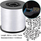 Clear Invisible Hanging Wire 0.9mm Up to 60lbs, 656Feet(200M) Strong Nylon Thread for Beading Sewing Ornaments with 60Pcs Aluminum Crimping Sleeves, Hanging Kit for Picture Frame, String Light