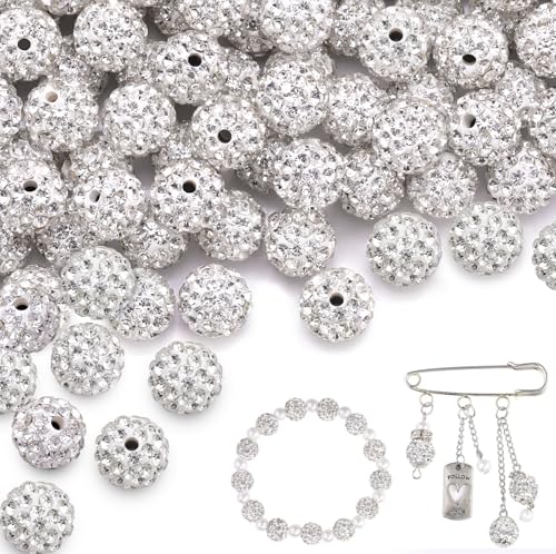 150 pcs 10mm Rhinestone Beads for Jewelry Making, White Shiny Round Shamballa Disco Beads Bulk, Sparkle Crystal Clay Christmas for Bracelet Baseball Necklace Earring Crafting and DIY - color: Crystal White, size: 10mm/150pcs