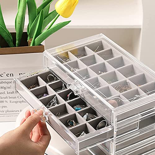 YUFONG Earring Organizer Box Acrylic Jewelry Organizer with 3 Drawers 54 Adjustable Grids Clear Stackable Earring Holder Velvet Trays Ring Display Case for Women Girls (Gray) - color: Gray