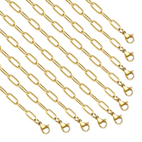 YOUBEIYEE 10pcs Gold Plated Paperclip Necklace Chains for Jewelry Making Stainless Steel Chain Necklace Bulk - color: Gold, size: 20inch (3.5x10mm)