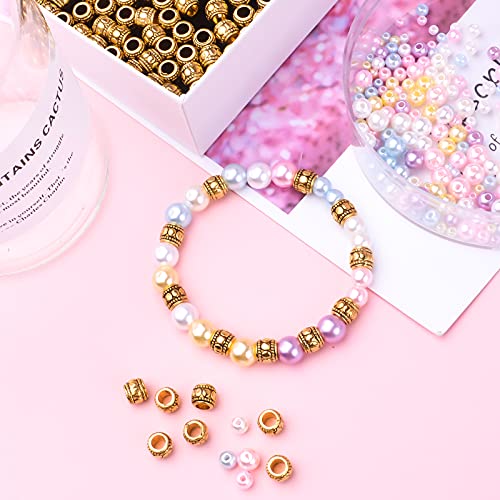 BronaGrand 100pcs Antique Gold Large Hole Spacer Beads Tibetan Alloy European Barrel Beads Loose Charms for DIY Necklace Bracelets Jewelry Making Accessories, 7 mm x 6 mm, Hole: 4 mm - color: Gold