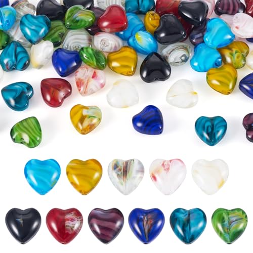 Cheriswelry 66Pcs Heart Pearlized Handmade Lampwork Glass Beads Crystal Glass Love Heart Loose Spacer Beads 11.5mm for DIY Craft Earirng Bracelet Necklace Jewelry Making - color: 11 Color-Heart