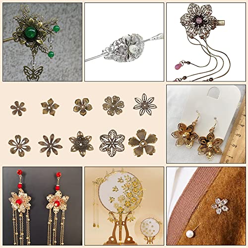 PandaHall 200pcs Flower Spacer Beads, 10 Styles Iron Flower Bead Cap Filigree Tibetan End Caps for DIY Earrings Bracekets Necklace Jewelry Craft Making Supplies, Antique Bronze - color: Antique Bronze