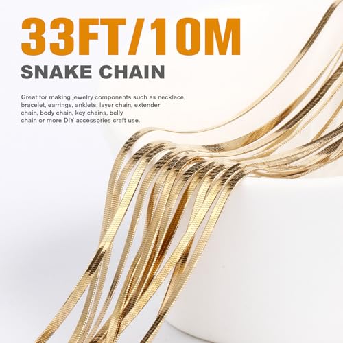 33 Feet Gold Snake Chains Roll, 2mm 18K Gold PVD Plated 304 Stainless Steel Flat Snake Chain Bulk Spool for Jewelry Making DIY Craft - color: 2.0mm Gold Flat Snake Chains