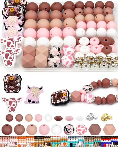 112PCS FIVEIZERO 12mm 15mm Cow Focal Silicone Beads for Keychain Making, Round, Lentil, Hexagonal, Print, 10mm Rhinestone Rondelle Spacers Beads for Bracelet, Pens, Necklace Crafts(Pink Brown) - color: Pink+Brown