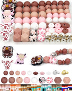 112PCS FIVEIZERO 12mm 15mm Cow Focal Silicone Beads for Keychain Making, Round, Lentil, Hexagonal, Print, 10mm Rhinestone Rondelle Spacers Beads for Bracelet, Pens, Necklace Crafts(Pink Brown) - color: Pink+Brown