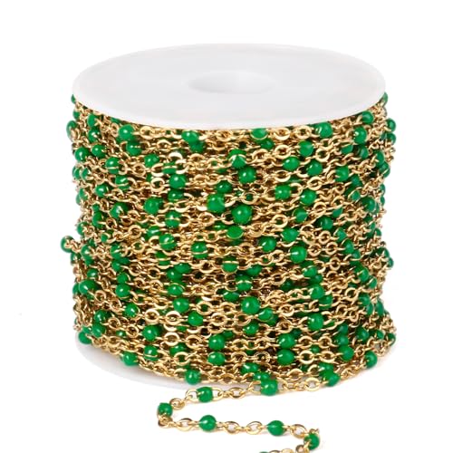 33 Feet Gold Enamel Chains Bulk, 2mm 18K Gold PVD Plated 304 Stainless Steel Green Enamel Beaded Cable Link Chain Roll Spool for Jewelry Making - color: Gold Green Beads