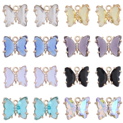 SUNNYCLUE 1 Box 32Pcs Butterfly Crystal Charms Rhinestone Dangle Charm 12x10mm Small Colorful Butterflies Glass Beads Blue Black Butterfly Wing Charms for Jewelry Making Charms DIY Gift Supplies - color: 1 Box 32pcs Butterfly Crystal Charms 12x10mm