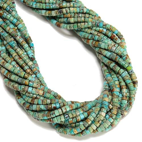 Natural 2.5x4mm Multi-Color Turquoise Gemstone Smooth Heishi Disc Abacus Loose Beads for Jewelry Making Craft DIY, 15.5" Strand Green Real Stone Spacer for Necklace Bracelet Earring, 1 Str/Pack