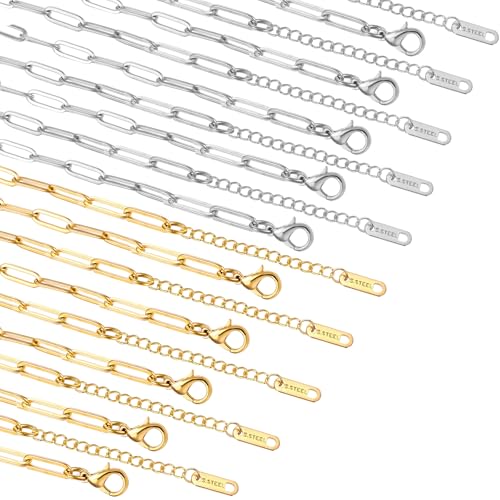20 Pack 18K Gold Plated Chain Necklace Bracelets Kit for Jewelry Making, Bulk 6mmx11mm Paperclip Stainless Steel Chains with 2.36 Inch Extension Chain for Women,7.08inch Bracelets 23.81inch Necklaces
