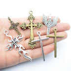 Youdiyla 100g Big Cross Pendants Collection - Antique Bronze Silver Sword Holy Angel Jesus Peace Cross Crucifix Metal Charms for Jewelry Making DIY Findings (HM23)
