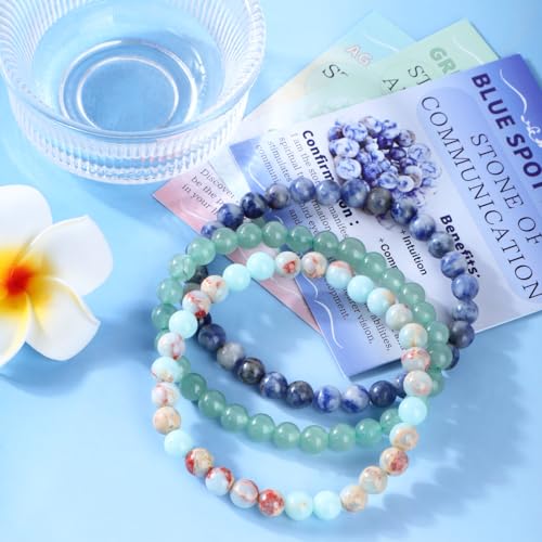 2/3-Pieces 4mm 6mm 8mm Natural Crystal Gemstone – Handmade Reiki Energy Healing Stretch Bracelets Jewelry for Yoga, Meditation, Unisex - color: 3 Pieces (AgalmatoliteJasper&BlueSpot&GreenAventurine), size: 6mm