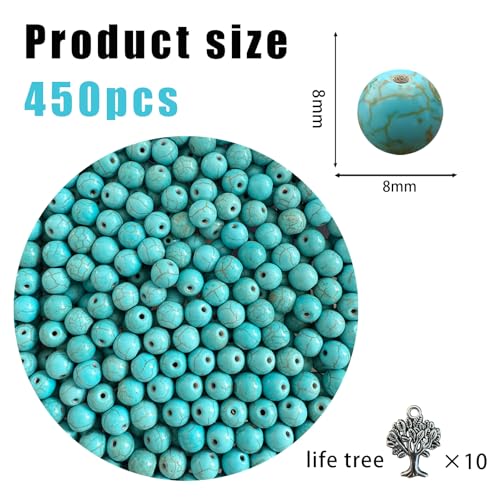 Turquoise Beads Bulk 8mm - 450pcs Natural Semi-Precious Gemstone Round Space Loose Beads for Jewelry Making, Bracelets, Necklaces, Earring, DIY Handmade Crafts, Healing Stone Gifts - color: Round 8mm