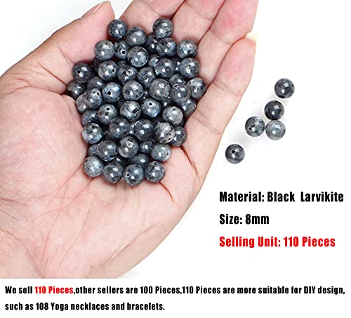 AD Beads 8mm Natural Round Loose Beads 110 Pieces, for Making 108 Mala Prayer Beads Necklace, Bracelet & Yoga Meditation, Jewelry Design (Black Larvikite) - color: Black Larvikite
