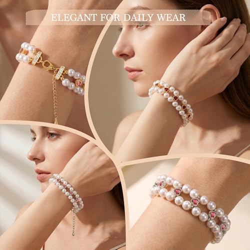 Double Layer Pearl Heart Bracelets for Women, Cubic Zirconia Charm Jewelry, Adjustable Gold Silver Stackable Bracelet Jewelry Set Birthday Gift for Mom Daughter Wife - color: Gold-Red