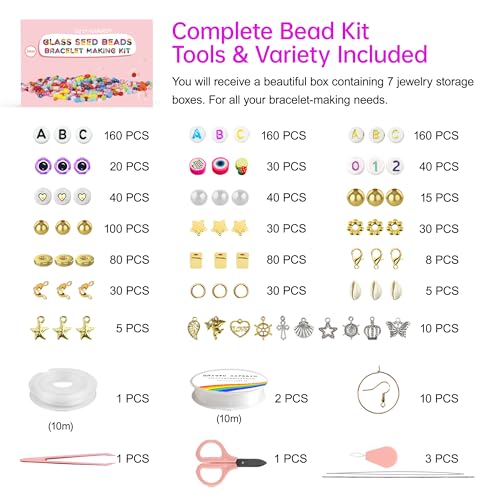 Redtwo 3mm 45000pcs Glass Seed Beads Kit, 7 Boxes 144 Colors Small Beads for Bracelets, Friendship Bracelet Kit with Charms and Letters
