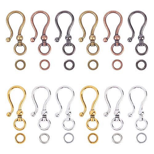 CHGCRAFT 48sets 6 Styles Tibetan Style Alloy S Hook Clasps for Bracelet Necklace Jewelry Making Mixed Color, 1.5x0.63x0.3inch