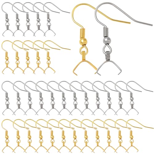 SUNNYCLUE 1 Box 60pcs Pinch Bail Earring Hooks Earring Hooks Findings 304 Stainless Steel Metal Silver Gold Fish French Ear Wires with Bails Clasp for Jewelry Making Women Christmas DIY Gifts Supply - style: Earring Hook 3