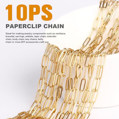 10PCS Gold Paperclip Chains Necklace Bulk 2.5MM 22 Inches 18K Gold PVD Plated Stainless Steel Finished Paperclip Link Chain Bulk forJewelry Making - color: gold, size: 2.5MM * 22 Inches