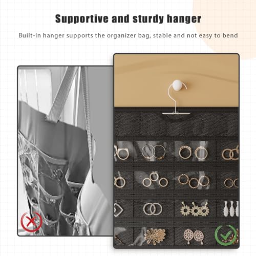 1 Pack Hanging Jewelry Organizer 80-Pocket Dual-sided Jewelry Storage for Earring Necklace Bracelet Ring Travel Holder, Black and White - color: Black and White