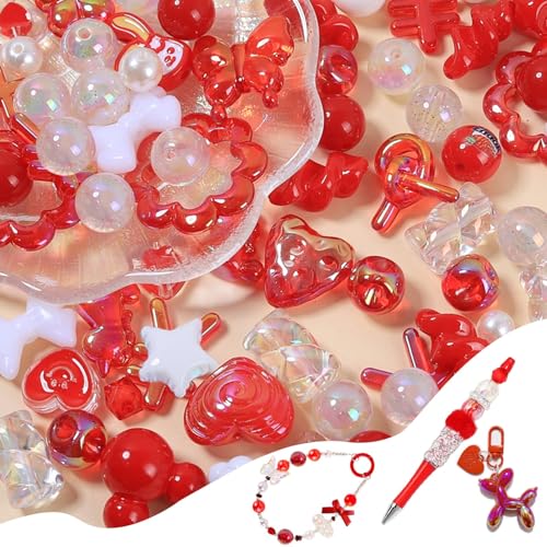 45-60PCS Large Acrylic Red Glitter Assorted Beads for Bracelet Making UV Plating Focal Beads for Pens Round Flower Bow Bear Love Heart Fruit Cute Spacer Bead Bulk for DIY Jewelry Keychain Phone Charm - color: Red