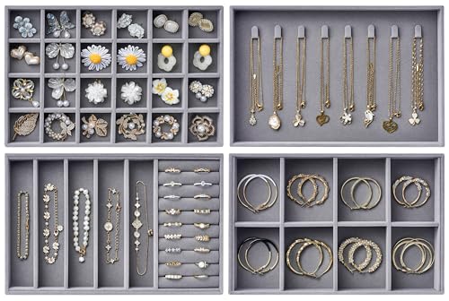 Velvet Jewelry Drawer Organizer Trays – Large Grey Stackable Jewelry Storage Inserts Set, 4-Layer Jewelry Tray Set for Earrings, Rings, Necklaces, Bracelets with Removable Dividers for Dresser, Vanity - color: Grey, size: Expanded (Magazine Size)