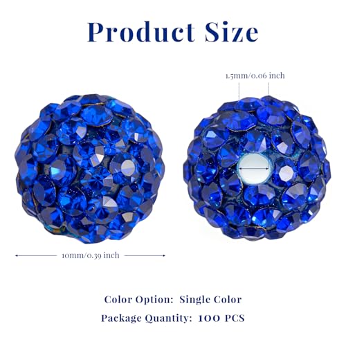 100Pcs 10mm Dark Blue Rhinestone Beads for Jewelry Making, Shiny Round Disco Ball Sparkly Crystal Clay Beads Bulk with 10-Grid Storage Box for DIY Baseball Necklaces Shamballa Bracelets - color: Deep Blue