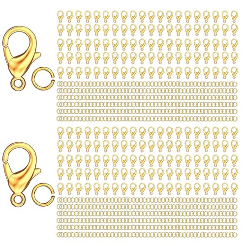MKCYD 700Pcs Lobster Claw Clasps and Open Jump Rings Set, 14K Gold and Silver Necklace Clasps and Closures Lobster Parrot Trigger Clasp for Jewelry Making - color: Gold