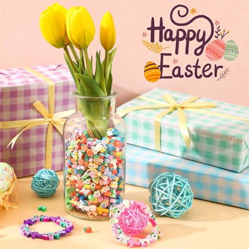 SEPGLITTER Easter Polymer Clay Beads,300pcs Bunny Flowers Carrots Eggs Butterflies Mixed Spacer Beads for Spring Easter Jewelry Making DIY Bracelet Necklace Accessories Craft Party Supplies - color: Multi