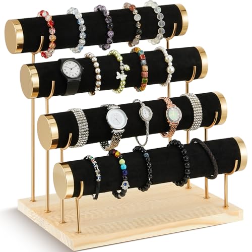 Wenqik 4 Tier Detachable Bracelet Holder Bracelet Display Stand Beige Velvet Jewelry Organizer Displays for Bangles Necklace Watches Scrunchies Hair Ties (Black) - color: Black, size: 13 x 11 x 8.3 Inch