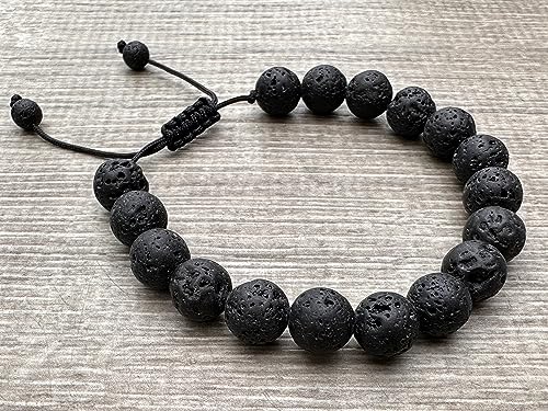 GAF TREASURES Grade A ++ Gemstone Round Bead Adjustable Bracelet 10mm, Genuine Crystal Bead Bracelet, Gift for Men & Women - color: Black Lava
