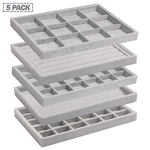 DIOMMELL 5 Pack Stackable Velvet Jewelry Trays Organizer, Jewelry Display Storage Box Showcase Holder Dresser Drawer Organizer for Earring Necklace Bracelet Ring Accessary, Grey