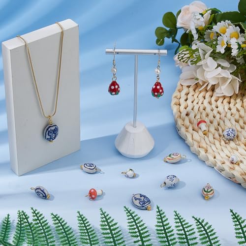 DICOSMETIC 14Pcs 7 Style Ceramic Porcelain Beads Charms Bulk Assorted Ceramic Charms Set Flower Mushroom Strawberry Small Jewelry Charm for Bracelet Necklace Earring Jewelry Making