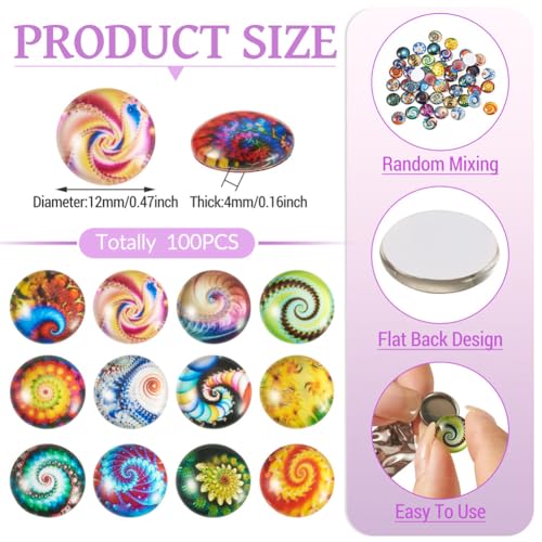 100Pcs/Set Flat Round Transparent Glass Cabochons with Pattern Eye Flatback Glass Dome Flatback Cab Beads for Photo Cameo Jewelry Making Necklace Ring DIY Crafts 12x4mm Random Mixed - color: 100Pcs-12x4mm-Random