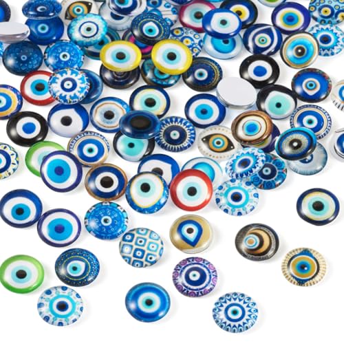 100Pcs/Set Flat Round Transparent Glass Cabochons with Pattern Eye Flatback Glass Dome Flatback Cab Beads for Photo Cameo Jewelry Making Necklace Ring DIY Crafts 12x4mm Mixed Eye - color: 100Pcs-12x4mm-Mixed Eye