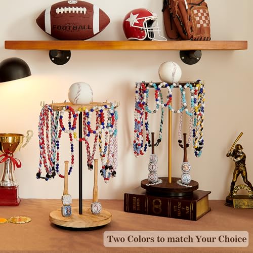 Pinzoveco Baseball Drip Necklace Organizer Holder,Rotating Baseball Display Stand with 14 Hooks, Championship Ring Display Holder, 360° Drip Necklace Championship Ring Holder Baseball Gifts,Brown - color: Brown