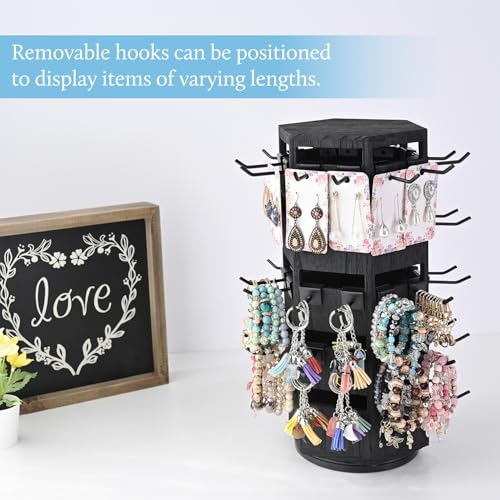 Ikee Design Free Assembly Natural Wood Hexagon 6 Sided Rotating Jewelry Display Stand Tower,60 Removable Metal Hooks,Keychain Earring Display Stand Tower for Selling,Showcase,Black Color - color: 6 side, Black, 60 hooks