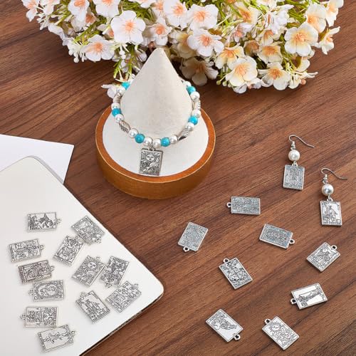 SUNNYCLUE 1 Box 40pcs 20 Styles Silver Tarot Card Charms Tarot Charms Bulk Antique Silver Tibetan Style Rectangle Moon Sun Star Lucky Ouijas Halloween Gothic Pendants Bulk for Jewelry Making Earrings - color: Antique Silver