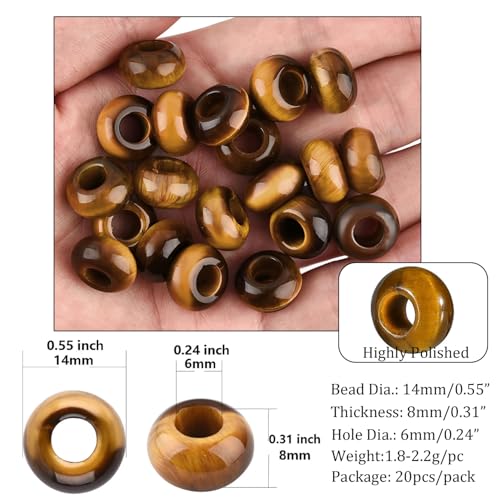 20Pcs Natural Tiger Eye Large Hole Beads, 8x14mm Rondelle Gemstone Spacer Beads 6mm Big Hole for Jewelry Making, Beading Bracelets, Macrame & Hair Braiding - color: Yellow Tiger Eye