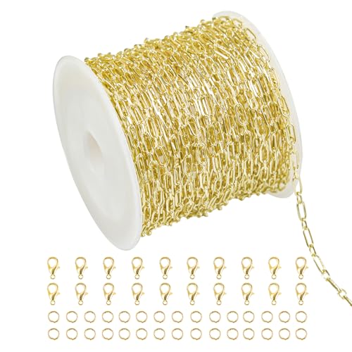 Crisjanggo 32.8 Feet Gold Paperclip Chains for Jewelry Making 14K Gold Plated Brass Jewelry Making Chains Roll Bulk for Bracelet Women DIY Craft Chain - color: 1:1 Paperclip Gold
