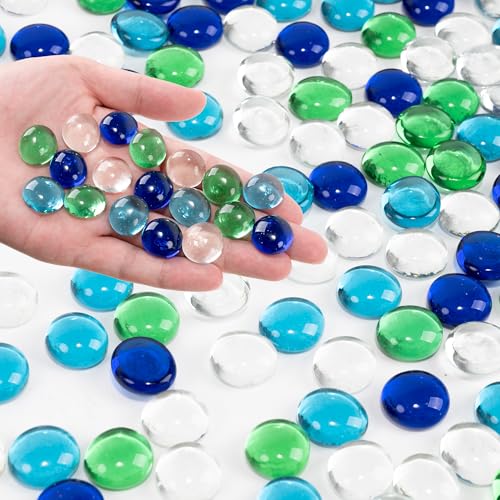 Flat Glass Marbles, 0.97 lb Vase Filler Pebbles Gems, Decorative Glass Beads for Vases, Crafts, Floral, Mancala Stones, Aquarium Rocks for Fish Tank(Approx. 80-100 PCS),Mixed Green and Blue - color: Green-blue