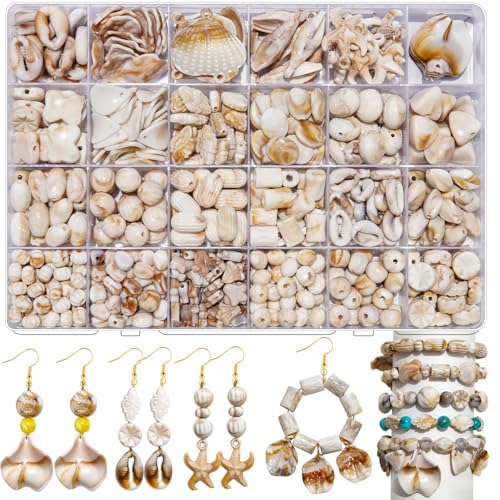 550Pcs Ocean Beads for Bracelets Making Kit, Imitation Boho Ocean Beach Shell Bead Charms Starfish Mermaid Beads Summer Sea Dangle Pendant for Earring Bracelet Necklace Anklet DIY Craft Jewelry Making - color: Beige+Camel