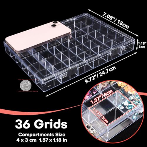 Noverlife 36 Grids Clear Plastic Jewelry Organizer Box, Nail Charm Holder Double Buckle Bead Organizer Storage Container Box, Empty Nail Box Organizer Earring Display Case Acrylic Bead Box for Women - size: 36 Grids - 1 Pack