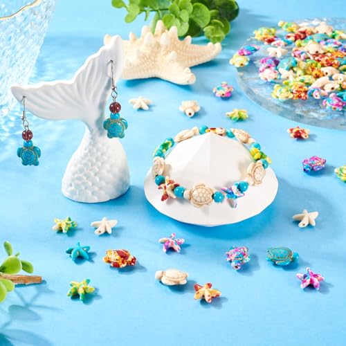 Boutigem 100Pcs Starfish Turtle Beads Turquoise Loose Spacer Beads Summer Ocean Loose Beads 10 Style 13.5-18mm for DIY Earring Bracelet Necklace Keychain Jewelry Making - color: Mixed Color