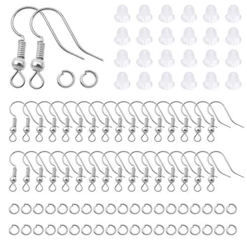 TOAOB 300pcs Earring Hooks Kits Silver French Ear Wires with Ball and Coil 18mm Fish Hook Earring Making Supplies with Jump Rings and Clear Silicone Ear Backs for DIY Jewelry Findings - color: Silver
