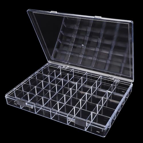 Noverlife 36 Grids Clear Plastic Jewelry Organizer Box, Nail Charm Holder Double Buckle Bead Organizer Storage Container Box, Empty Nail Box Organizer Earring Display Case Acrylic Bead Box for Women - size: 36 Grids - 1 Pack
