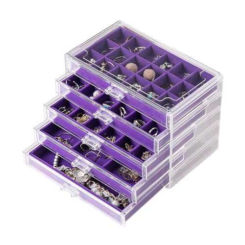 Frebeauty Acrylic Jewelry Organizer Earring Organizer Box with 5 Drawers Earring Holder Organizer with Velvet Trays Clear Jewelry Box for Women Earring Display for Rings Studs(Purple) - color: Purple
