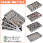 Set of 4 Stackable Velvet Jewelry Trays for Drawers,Grey Jewelry Drawer Inserts with Removable Dividers, Velvet Jewelry Container Display Case Storage for Earring Necklace Rings Bracelet