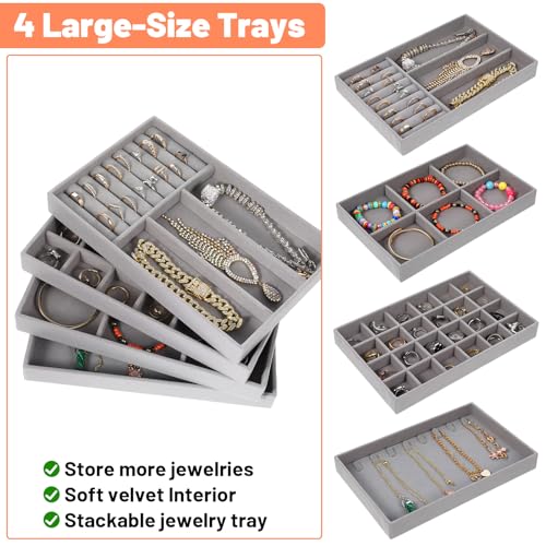 Set of 4 Stackable Velvet Jewelry Trays for Drawers,Grey Jewelry Drawer Inserts with Removable Dividers, Velvet Jewelry Container Display Case Storage for Earring Necklace Rings Bracelet